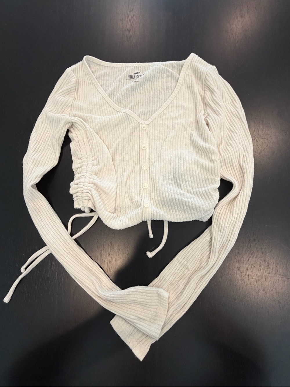Hollister Cream Ribbed V-Neck Button Crop with Side Ruched Ties